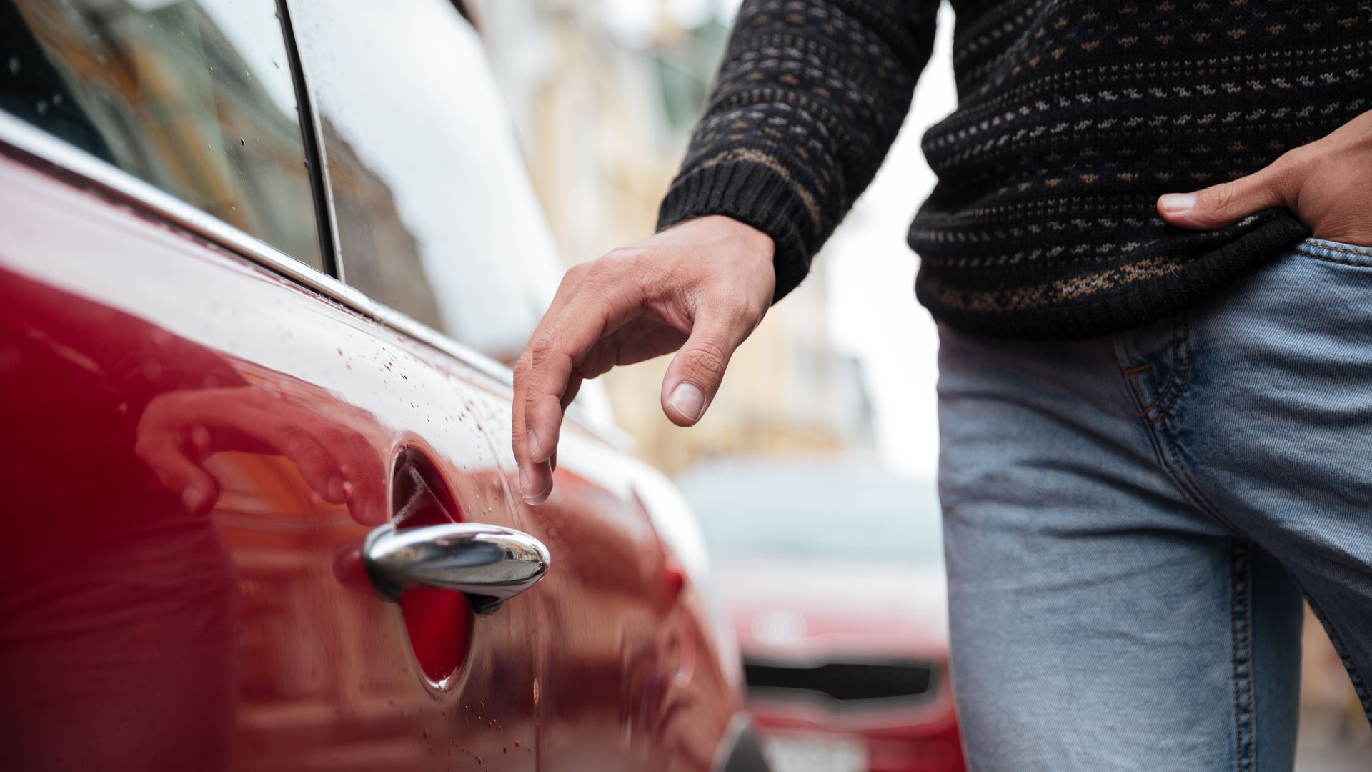 close up portrait male hand car handle outdoors